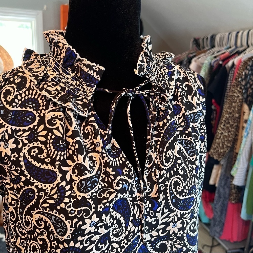 LOFT Paisley Smocked Tie Neck Mixed Media Shell - Picture 12 of 12